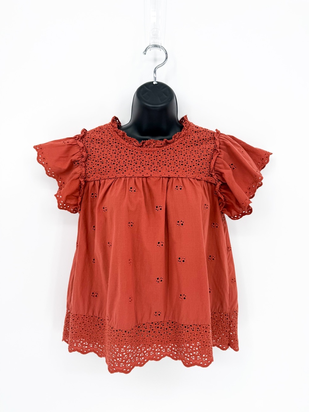Calypso St. Barth Terracotta Rust Eyelet Lace Flutter Sleeve Top Medium